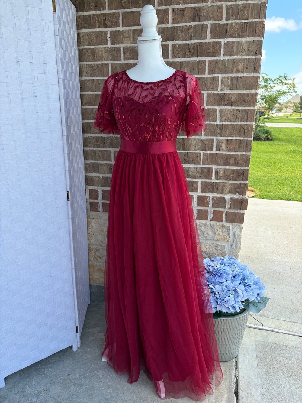 Ever Pretty Burgundy Embroidered Sequin Tulle Maxi Dress